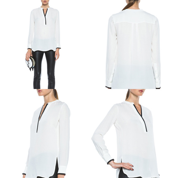 Vince Tipped Contrast 100% Silk Blouse Tan Size 4 Office Quiet Luxury Minimalist - Picture 12 of 12